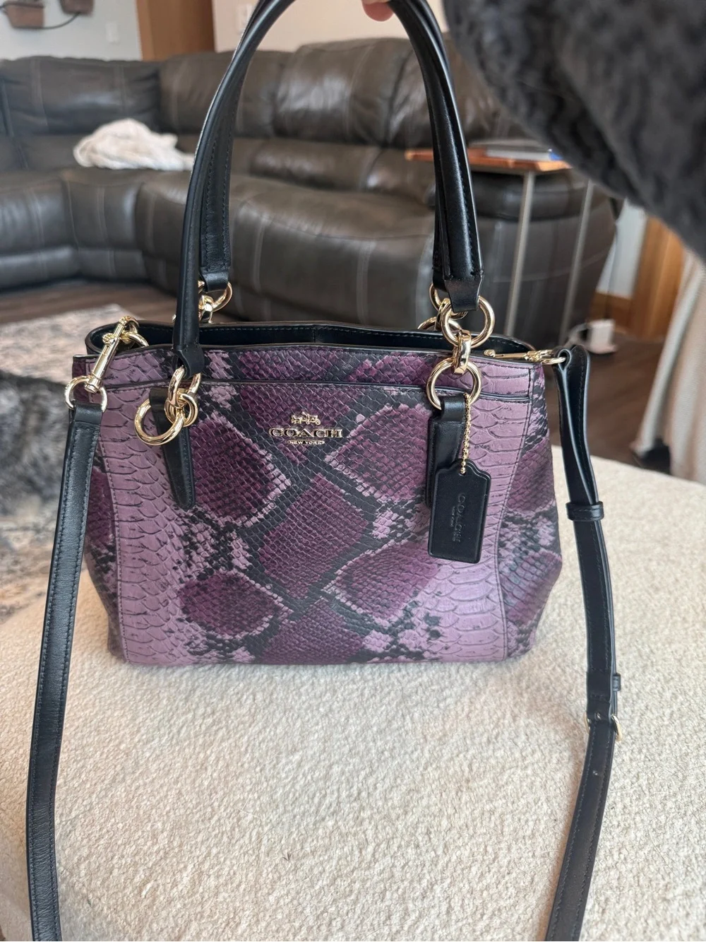 Coach Purple Snake-Print Satchel with Black Handles